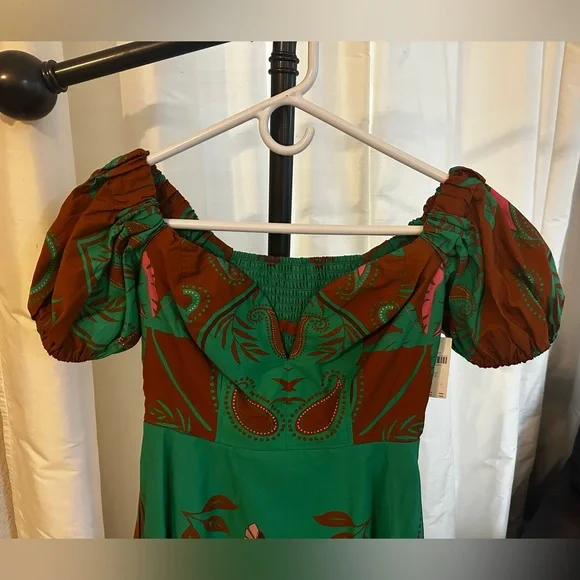 NWT Anthropologie Maeve Green and Orange Off-Shoulder Midi Dress Size 2 - Picture 5 of 8